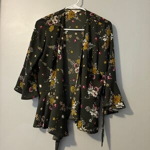 Candie's Floral Star Kimono Blouse - Olive Green and Yellow